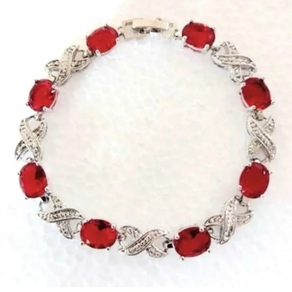 Ruby Red and Created Diamond White Gold Finish Infinity Tennis Bracelet - Picture 1 of 6